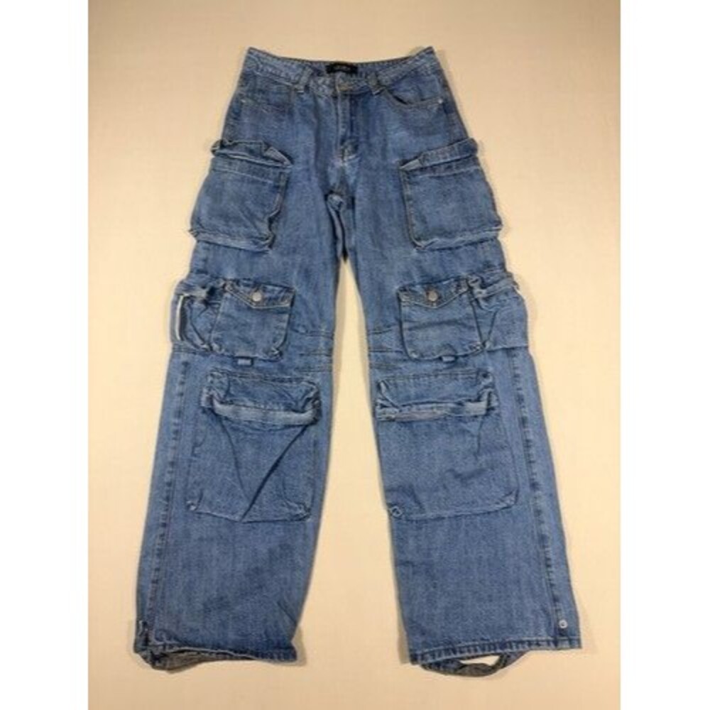 Akira Women Wide-Leg Cargo Denim Baggy Jeans Med Wash Waist 30 Inseam 31